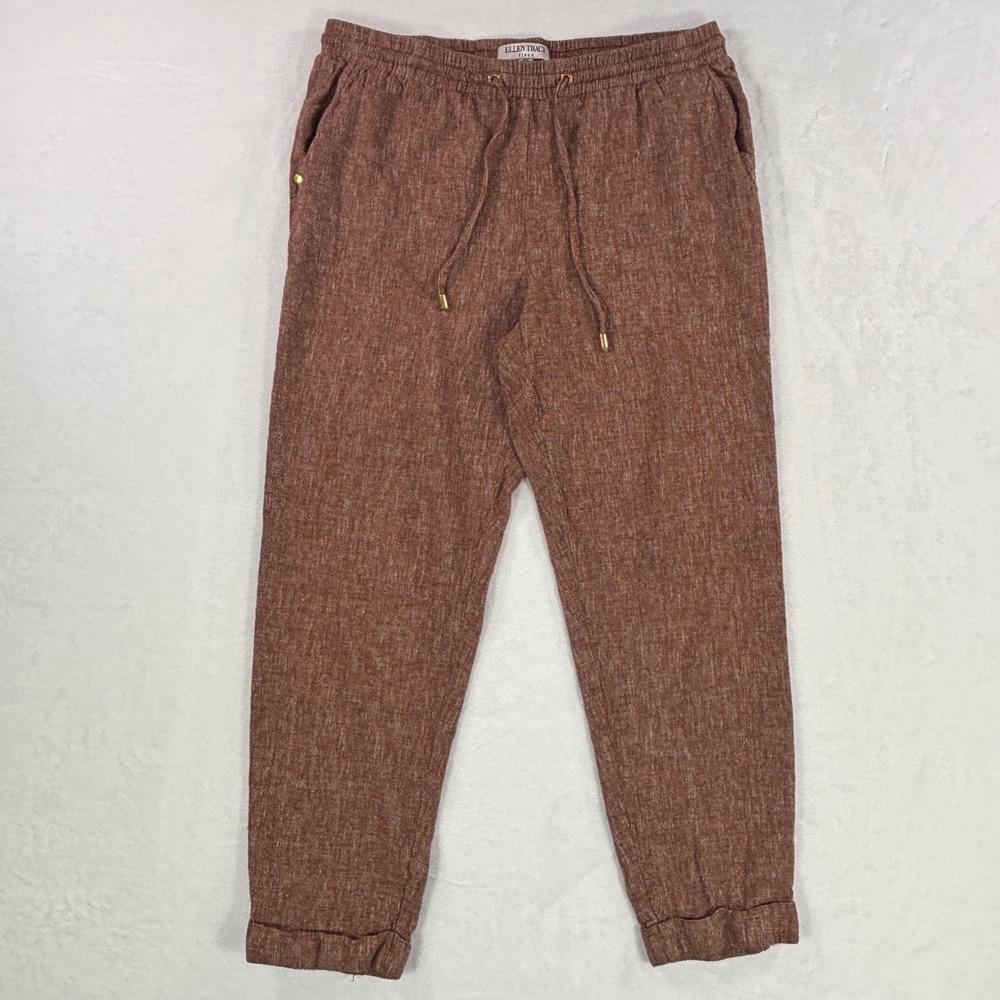 Ellen Tracy Brown Linen Blend Drawstring Tapered Pants Womens Medium Terracotta